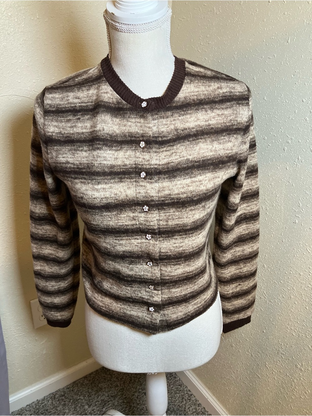 Striped Brown and Cream Crewneck Button Sweater